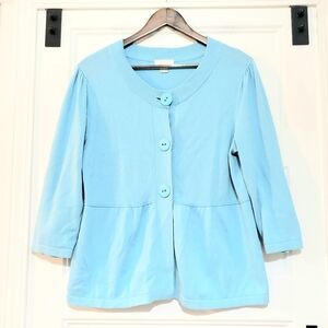 Christopher Banks Womens M Blue Button Peplum Cardigan Sweater 3/4 Sleeve Cotton